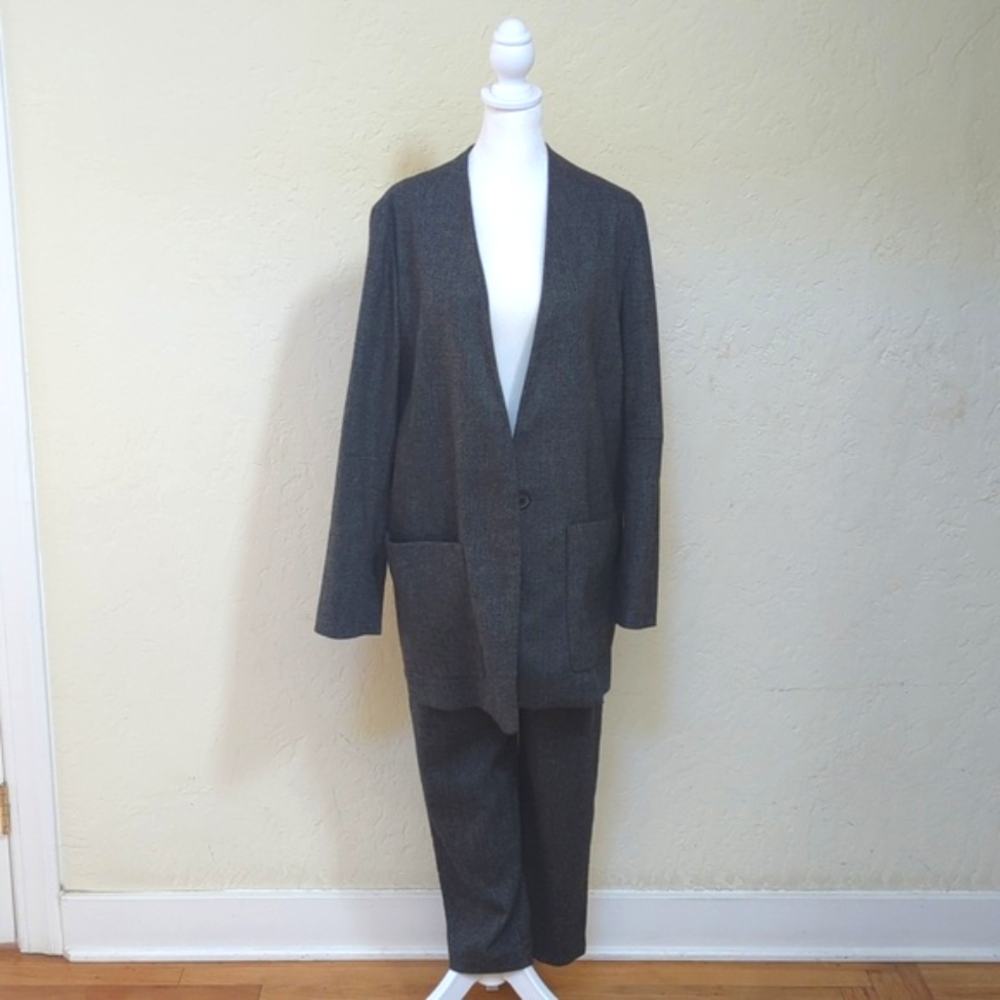 Zara Woman 2-Piece Wool Blend Herringbone Elastic Waist Pants Suit Size Small